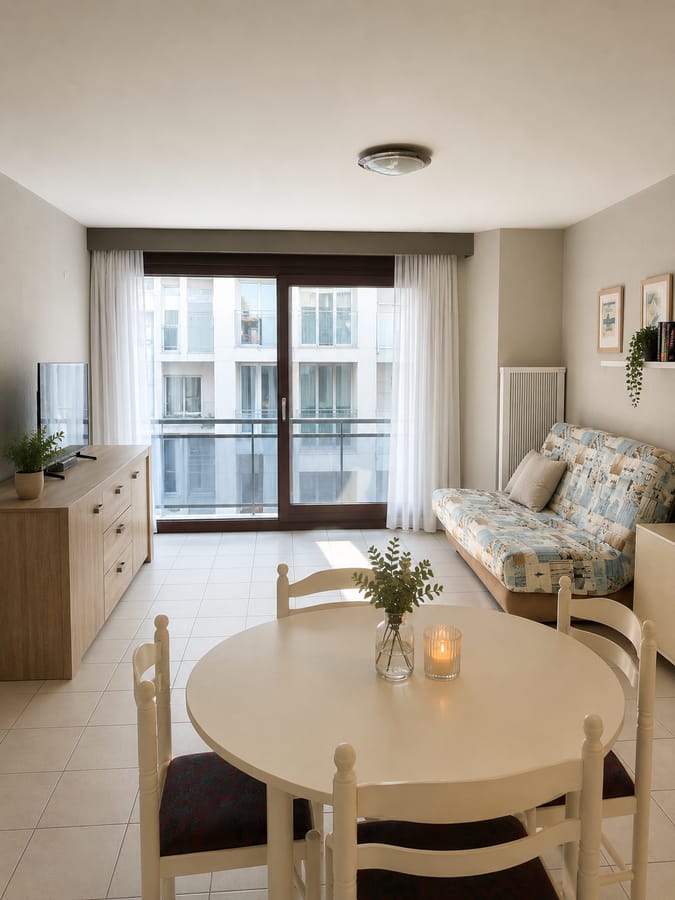 Lichtrijke leefruimte met ronde eettafel en raampartij naar het balkon
