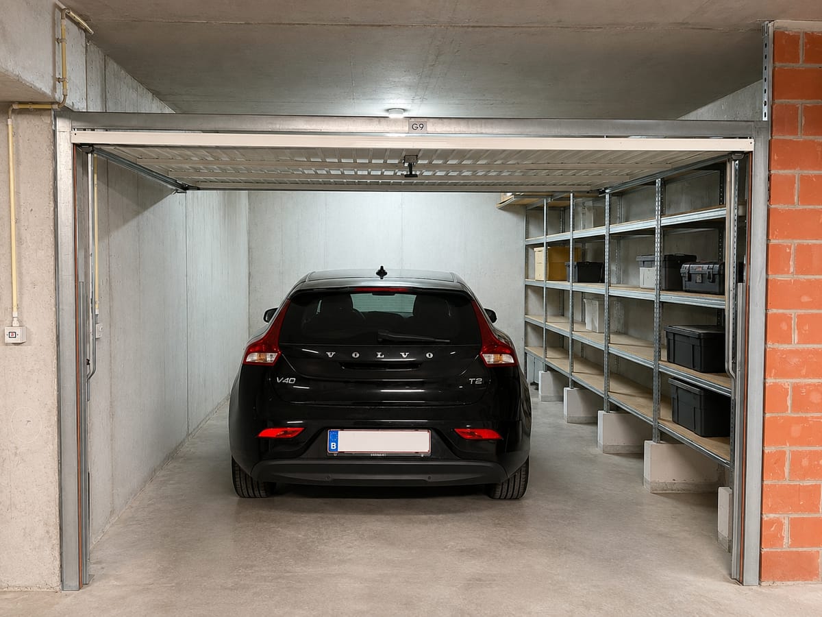 Afgesloten private garage met sectionaalpoort en rekken voor extra opberging